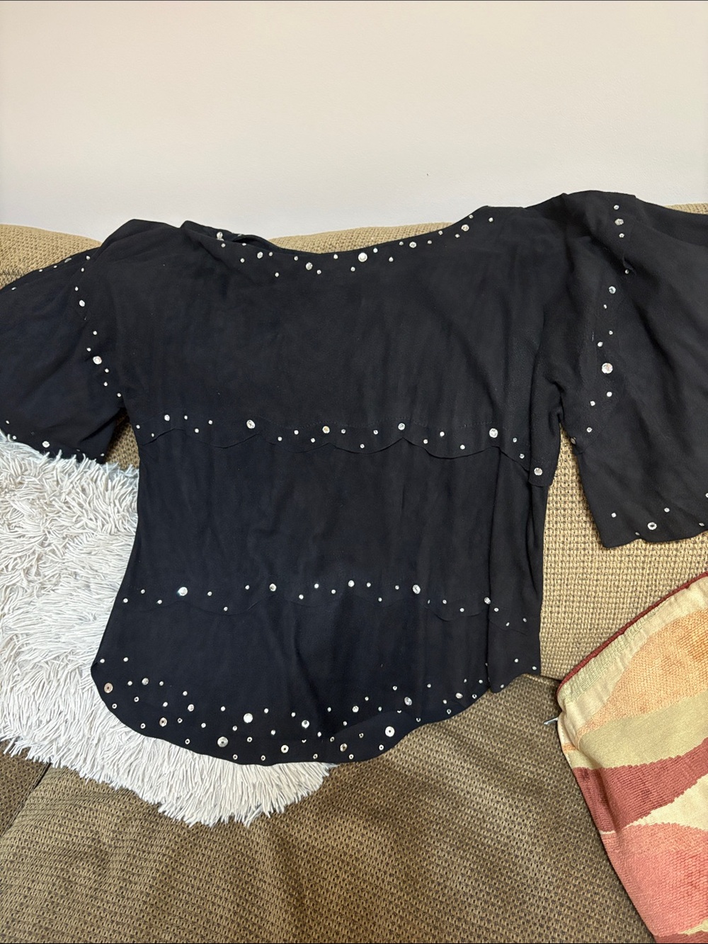 Fantasie Black Scalloped Hem Dot-Embellished Blouse Black Suede with rhinestone